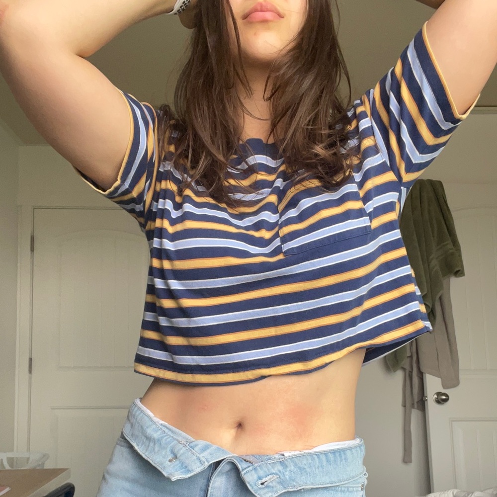 Forever 21 blue and yellow striped crop top with front pocket